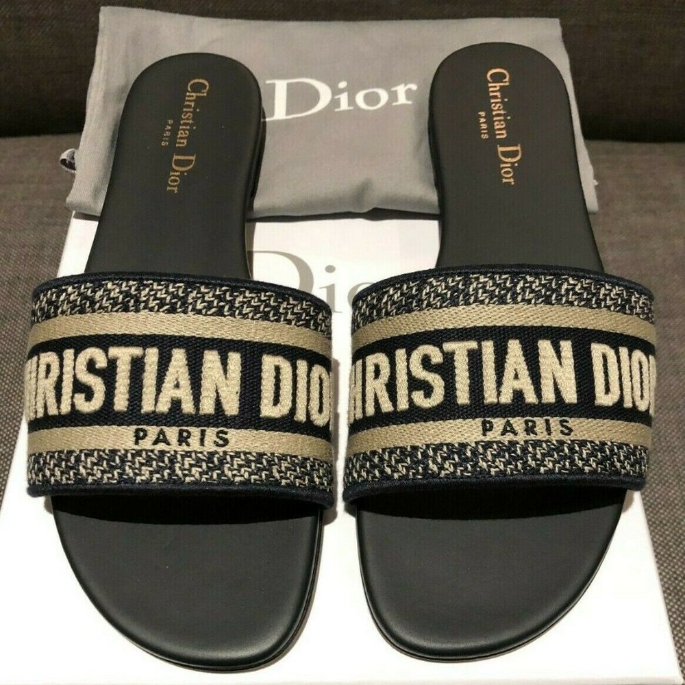 DIOR DEEP BLUE EMBROIDERED DWAY SLIDE SANDALS EU 39.5 NEW IN BOX 100% AUTHENTIC